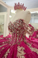 Load image into Gallery viewer, Sparkly Fuchsia Off the Shoulder Ruffles Tulle Corset Quinceanera Dress with Sequins