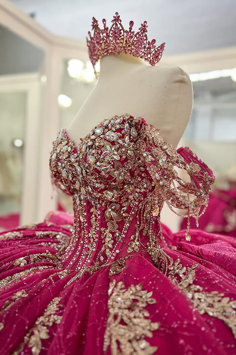 Load image into Gallery viewer, Sparkly Fuchsia Off the Shoulder Ruffles Tulle Corset Quinceanera Dress with Sequins