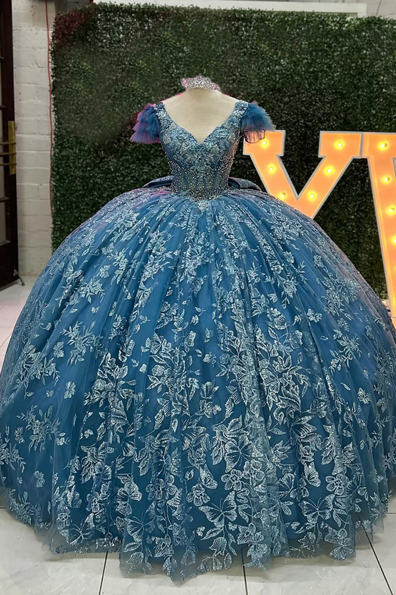 Load image into Gallery viewer, Sparkly Grey Blue V Neck Beaded Appliques Tulle Quinceanera Dress with Bow