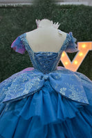 Load image into Gallery viewer, Sparkly Grey Blue V Neck Beaded Appliques Tulle Quinceanera Dress with Bow