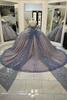 Load image into Gallery viewer, Sparkly Grey Blue Purple Off the Shoulder Sequined Appliques Beaded Tulle Quinceanera Dress with Bow