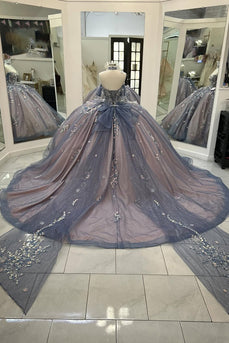 Sparkly Grey Blue Purple Off the Shoulder Sequined Appliques Beaded Tulle Quinceanera Dress with Bow