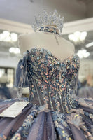 Load image into Gallery viewer, Sparkly Grey Blue Purple Off the Shoulder Sequined Appliques Beaded Tulle Quinceanera Dress with Bow