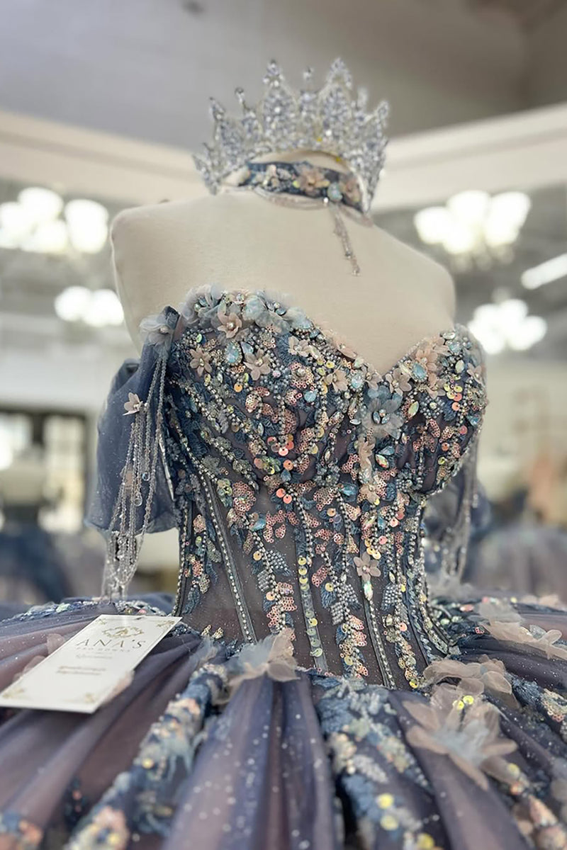 Load image into Gallery viewer, Sparkly Grey Blue Purple Off the Shoulder Sequined Appliques Beaded Tulle Quinceanera Dress with Bow