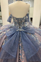 Load image into Gallery viewer, Sparkly Grey Blue Purple Off the Shoulder Sequined Appliques Beaded Tulle Quinceanera Dress with Bow