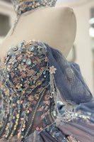 Load image into Gallery viewer, Sparkly Grey Blue Purple Off the Shoulder Sequined Appliques Beaded Tulle Quinceanera Dress with Bow