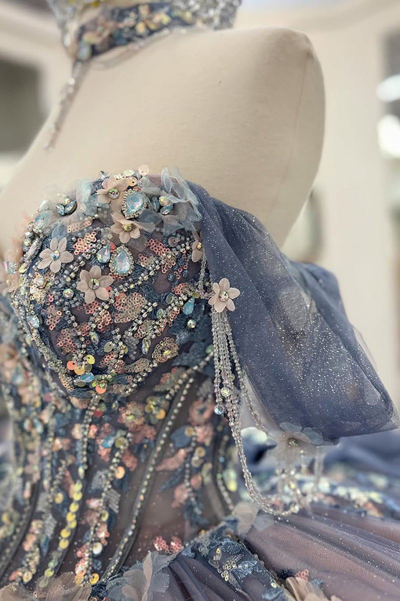 Load image into Gallery viewer, Sparkly Grey Blue Purple Off the Shoulder Sequined Appliques Beaded Tulle Quinceanera Dress with Bow