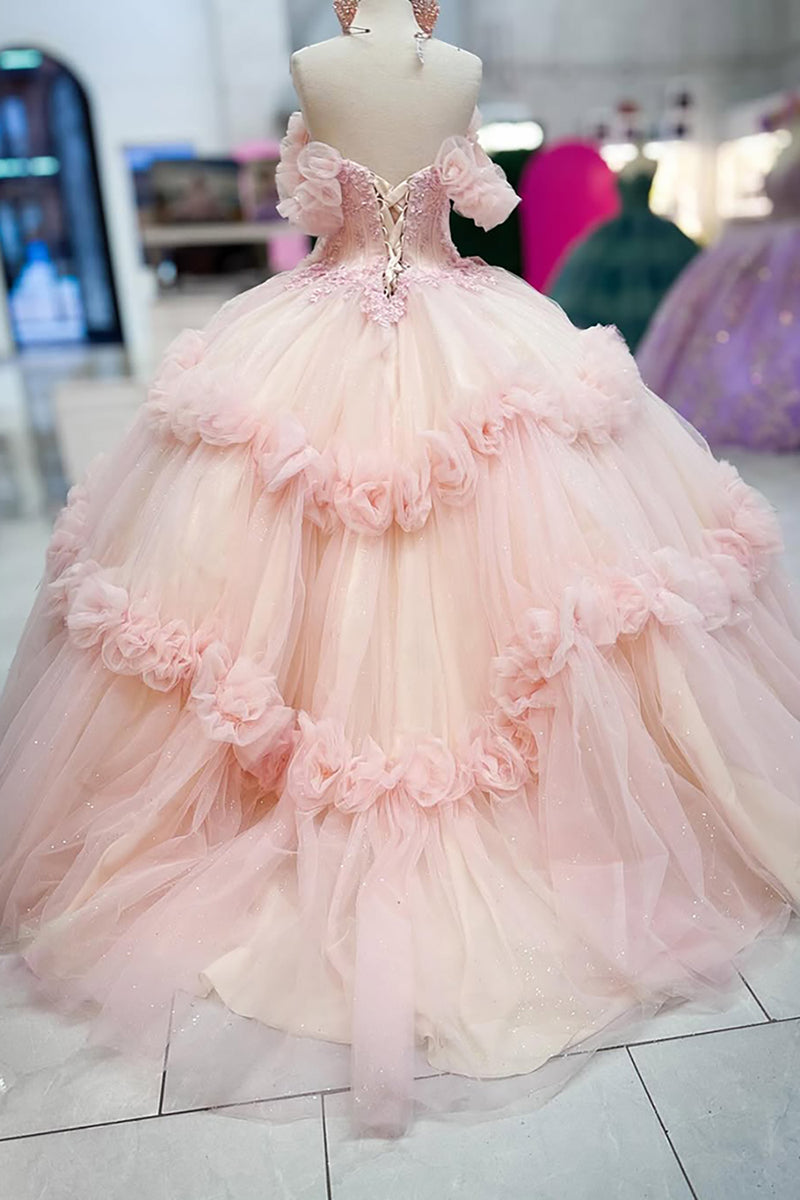 Load image into Gallery viewer, Pink Off the Shoulder Floral Appliques Corset Tulle Long Quinceanera Dress