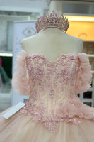 Load image into Gallery viewer, Pink Off the Shoulder Floral Appliques Corset Tulle Long Quinceanera Dress