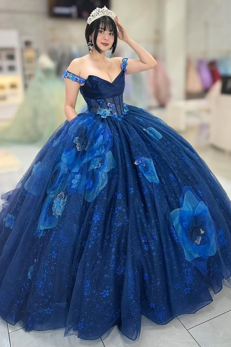 Load image into Gallery viewer, Navy Off the Shoulder Corset Flowers Tulle Quinceanera Dress with Appliques