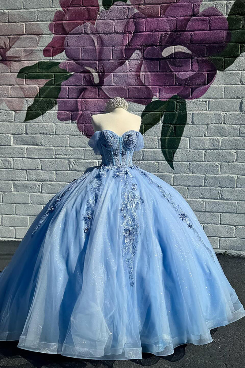 Load image into Gallery viewer, Sparkly Blue Corset Off the Shoulder Beaded Appliques Quinceanera Dress with Bow