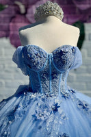 Load image into Gallery viewer, Sparkly Blue Corset Off the Shoulder Beaded Appliques Quinceanera Dress with Bow