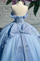Load image into Gallery viewer, Sparkly Blue Corset Off the Shoulder Beaded Appliques Quinceanera Dress with Bow