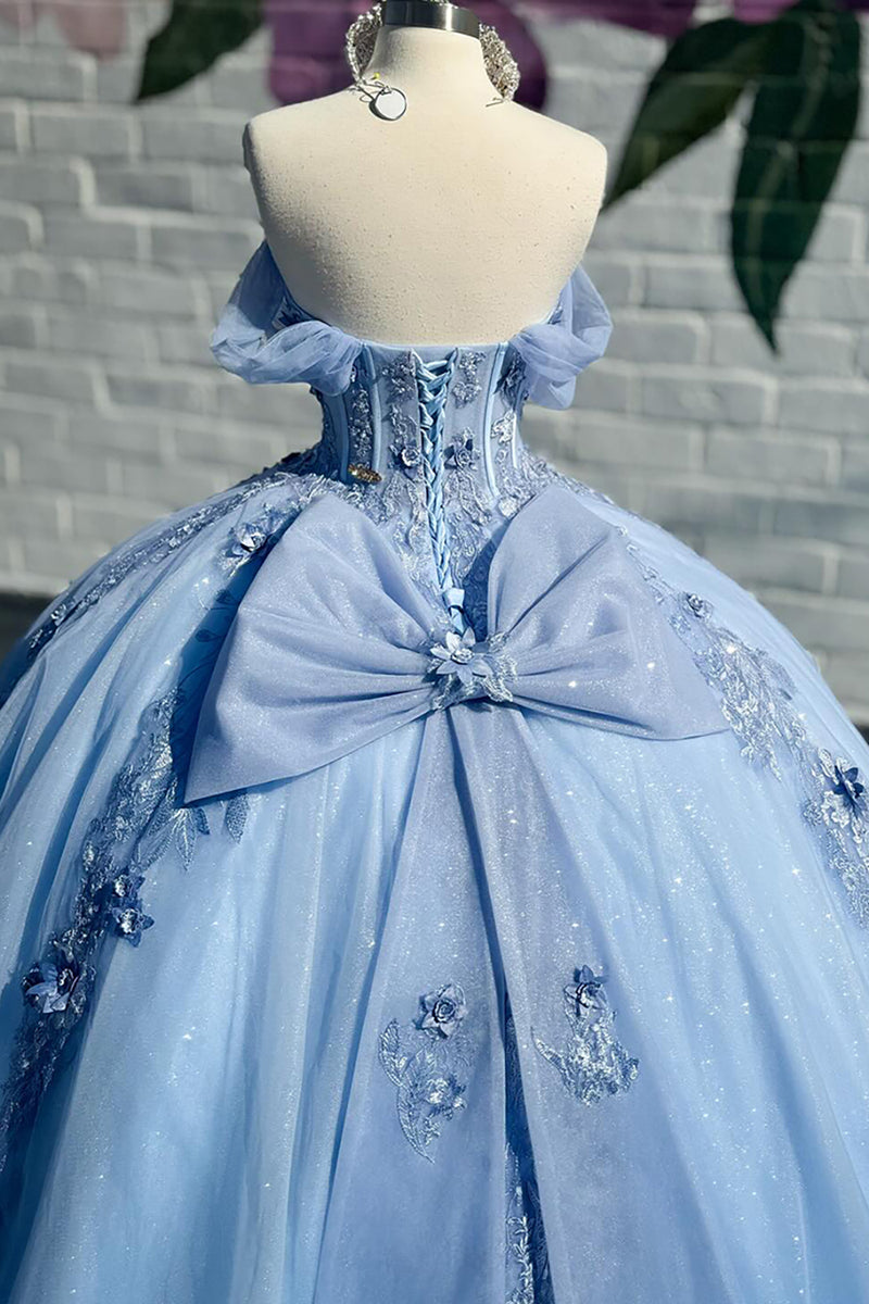 Load image into Gallery viewer, Sparkly Blue Corset Off the Shoulder Beaded Appliques Quinceanera Dress with Bow