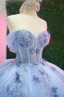 Load image into Gallery viewer, Sparkly Blue Corset Off the Shoulder Beaded Appliques Quinceanera Dress with Bow