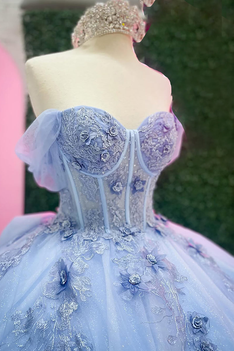 Load image into Gallery viewer, Sparkly Blue Corset Off the Shoulder Beaded Appliques Quinceanera Dress with Bow