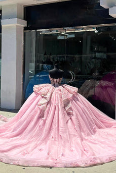 Pink Floral Appliques Strapless Ruffles Corset Long Quinceanera Dress