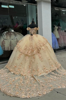 Champagne Sparkly Off the Shoulder Sequins Appliques Tulle Quinceanera Dress with Ruffles