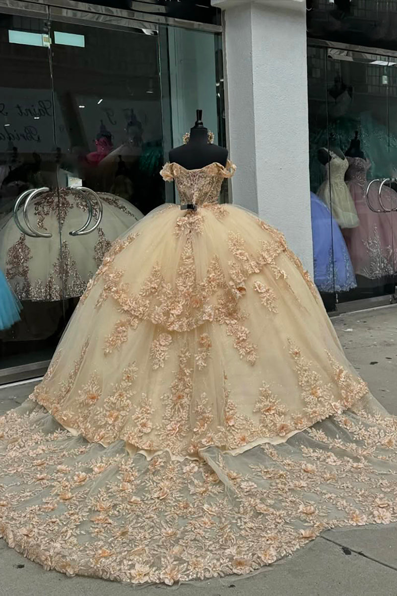 Load image into Gallery viewer, Champagne Sparkly Off the Shoulder Sequins Appliques Tulle Quinceanera Dress with Ruffles