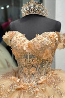 Load image into Gallery viewer, Champagne Sparkly Off the Shoulder Sequins Appliques Tulle Quinceanera Dress with Ruffles