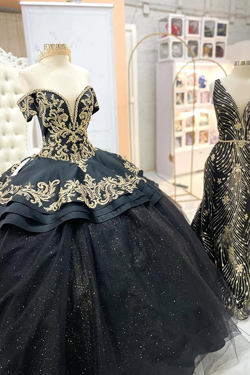 Load image into Gallery viewer, Glitter Black Gold Off the Shoulder Appliques Tulle Long Quinceanera Dress