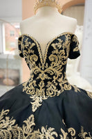 Load image into Gallery viewer, Glitter Black Gold Off the Shoulder Appliques Tulle Long Quinceanera Dress