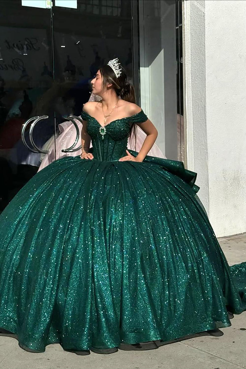Load image into Gallery viewer, Sparkly Dark Green Corset Off the Shoulder Beaded Ruffles Long Ball Gown