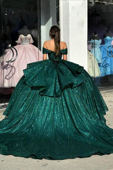 Sparkly Dark Green Corset Off the Shoulder Beaded Ruffles Long Ball Gown