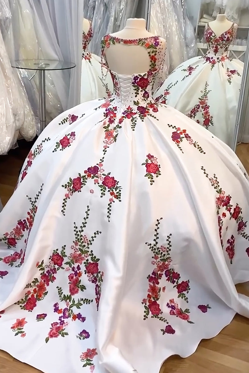 Load image into Gallery viewer, White Red Flower Embroidery V Neck Beaded Quinceanera Dress with Tassels