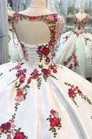 Load image into Gallery viewer, White Red Flower Embroidery V Neck Beaded Quinceanera Dress with Tassels