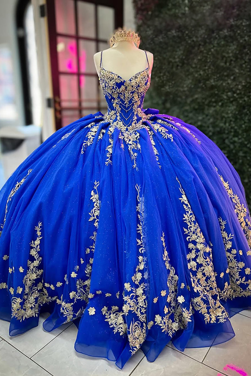 Load image into Gallery viewer, Royal Blue Spaghetti Straps Tulle Long Quinceanera Dress with Golden Appliques