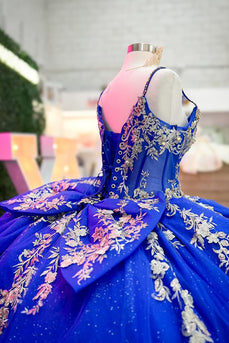 Royal Blue Spaghetti Straps Tulle Long Quinceanera Dress with Golden Appliques