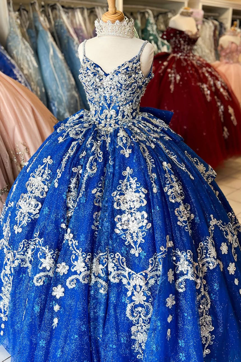 Load image into Gallery viewer, Sparkly Royal Blue Appliques Spaghetti Straps Sequins Quinceanera Dress with Bow