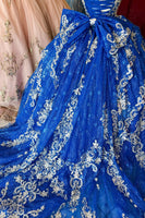 Load image into Gallery viewer, Sparkly Royal Blue Appliques Spaghetti Straps Sequins Quinceanera Dress with Bow
