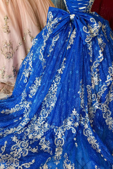 Sparkly Royal Blue Appliques Spaghetti Straps Sequins Quinceanera Dress with Bow