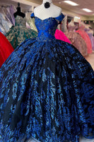 Load image into Gallery viewer, Off The Shoulder Sparkly Royal Blue Beaded Appliques Quinceanera Dress