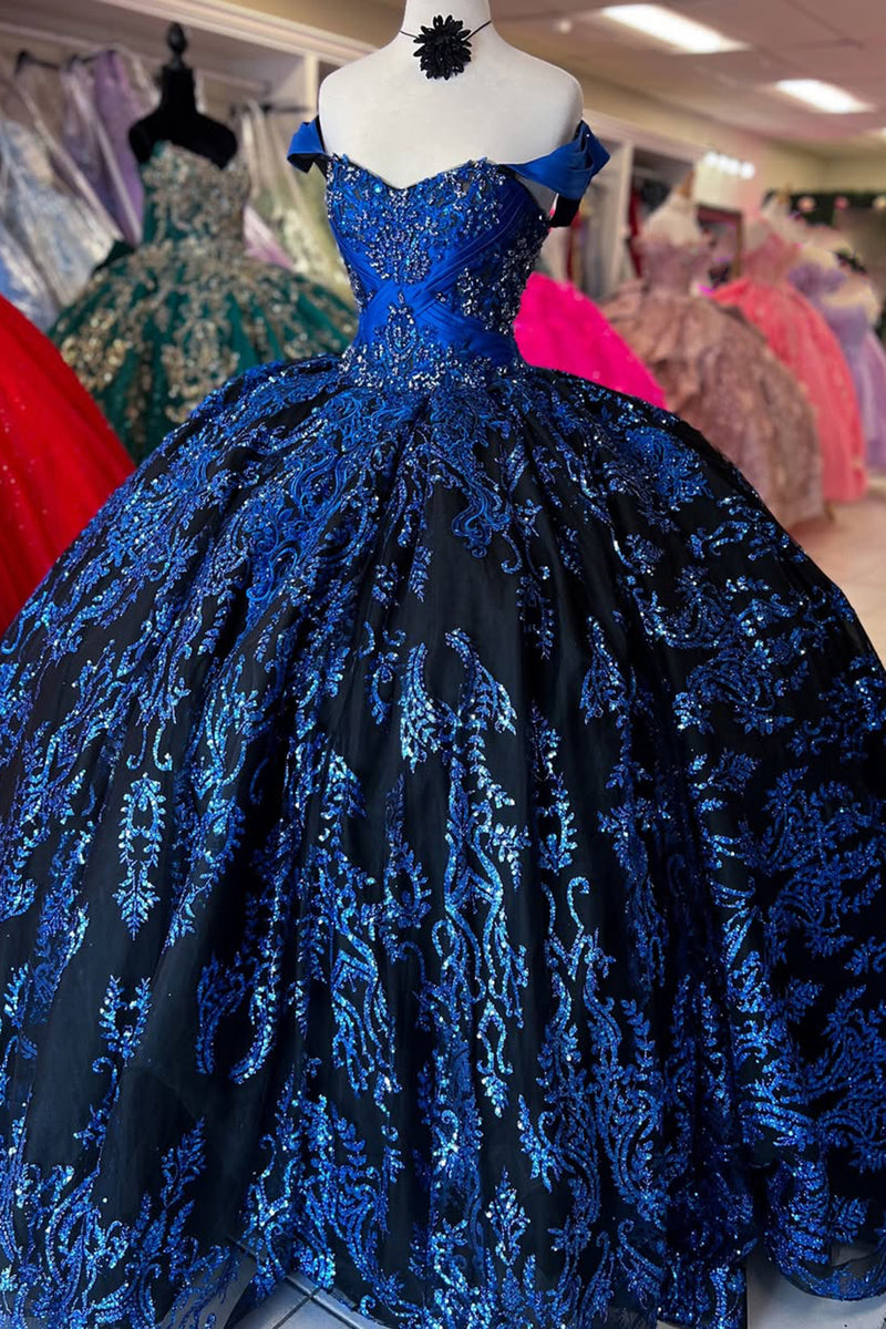 Load image into Gallery viewer, Off The Shoulder Sparkly Royal Blue Beaded Appliques Quinceanera Dress