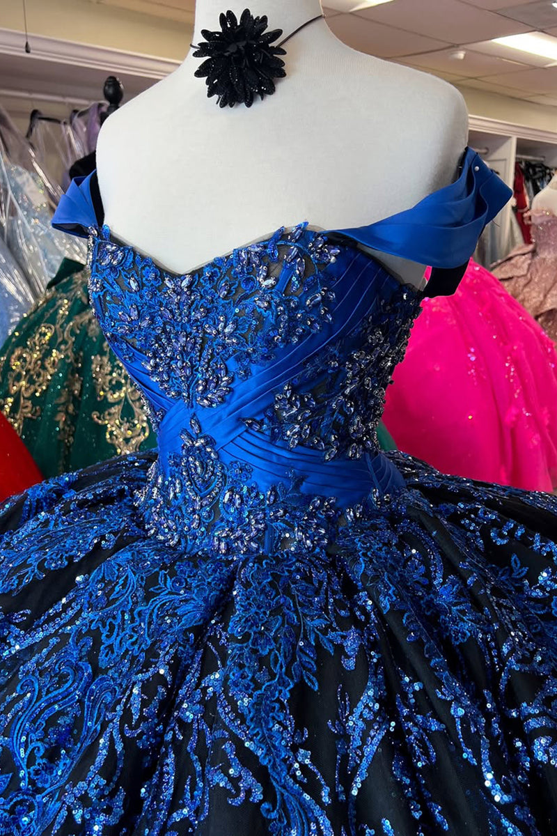 Load image into Gallery viewer, Off The Shoulder Sparkly Royal Blue Beaded Appliques Quinceanera Dress