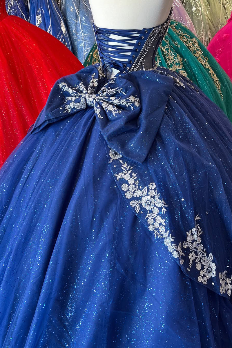 Load image into Gallery viewer, Sparkly Navy Off The Shoulder Beaded Appliques Long Quinceanera Dress with Bow