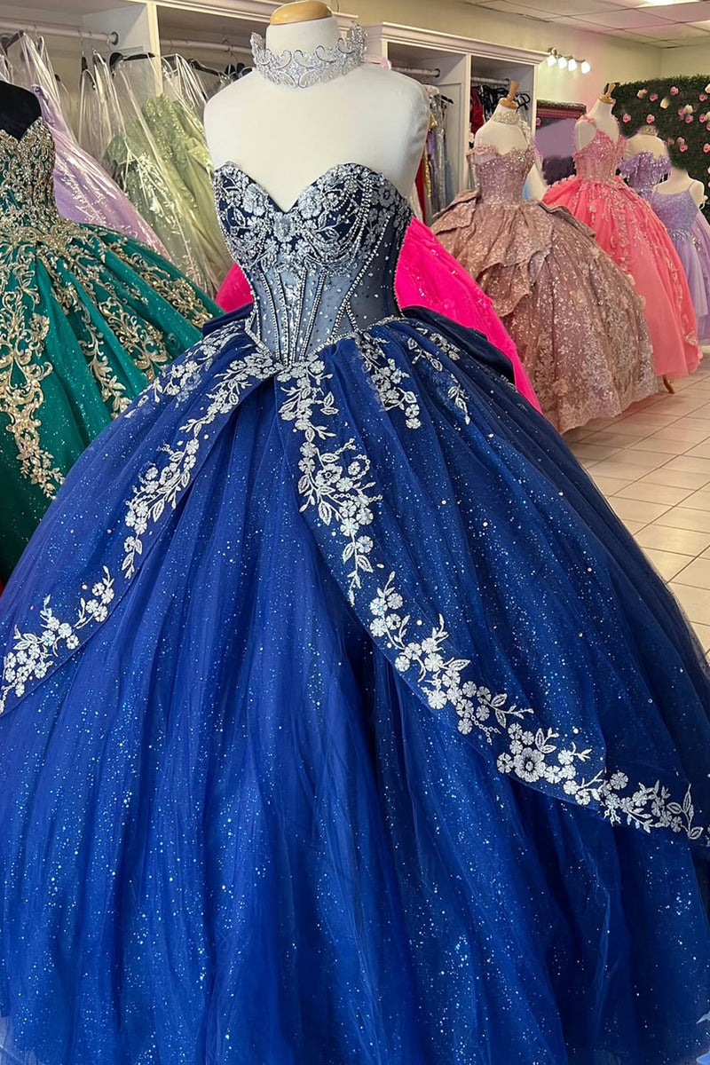Load image into Gallery viewer, Sparkly Navy Off The Shoulder Beaded Appliques Long Quinceanera Dress with Bow