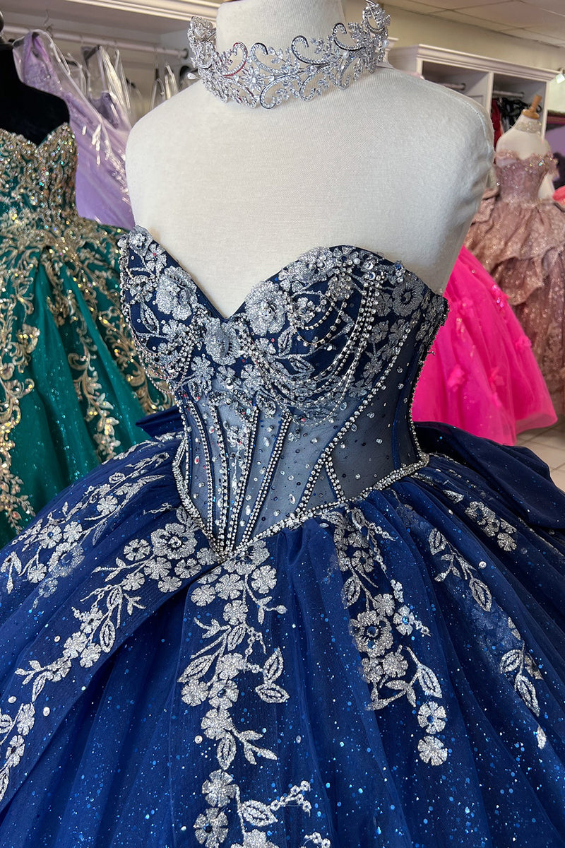 Load image into Gallery viewer, Sparkly Navy Off The Shoulder Beaded Appliques Long Quinceanera Dress with Bow