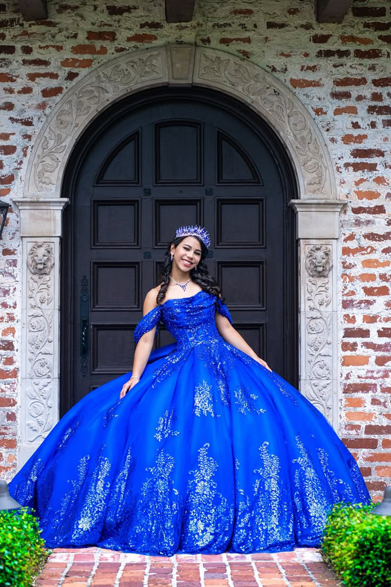 Load image into Gallery viewer, Sparkly Royal Blue Off The Shoulder Sequins Long Quinceanera Dress with Bow