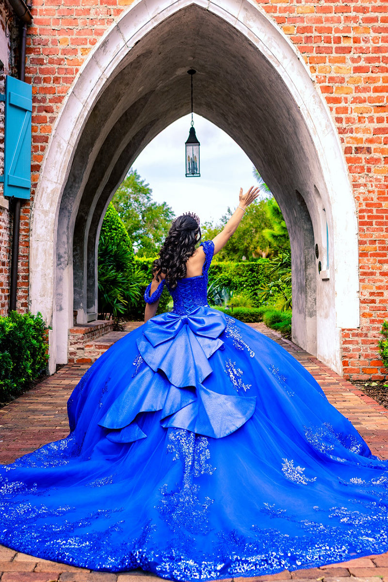 Load image into Gallery viewer, Sparkly Royal Blue Off The Shoulder Sequins Long Quinceanera Dress with Bow