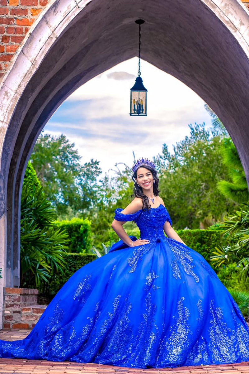 Load image into Gallery viewer, Sparkly Royal Blue Off The Shoulder Sequins Long Quinceanera Dress with Bow