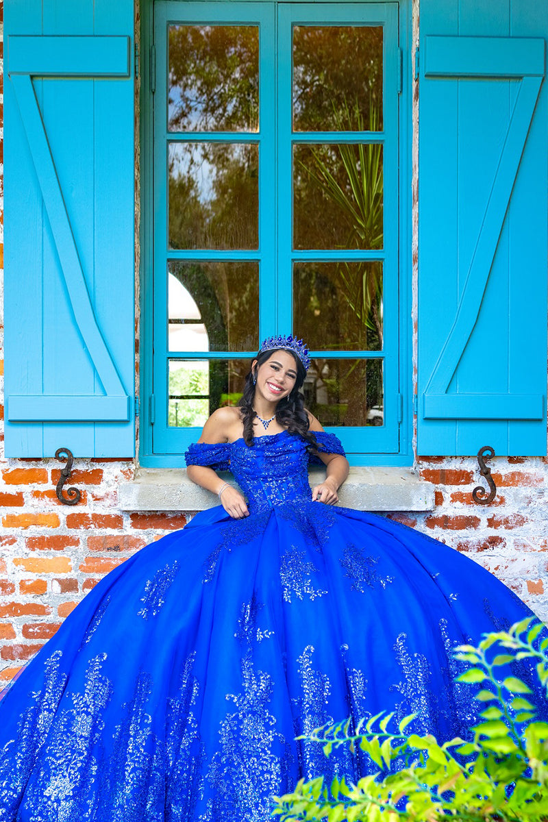 Load image into Gallery viewer, Sparkly Royal Blue Off The Shoulder Sequins Long Quinceanera Dress with Bow