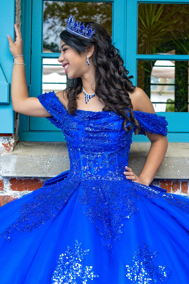 Load image into Gallery viewer, Sparkly Royal Blue Off The Shoulder Sequins Long Quinceanera Dress with Bow
