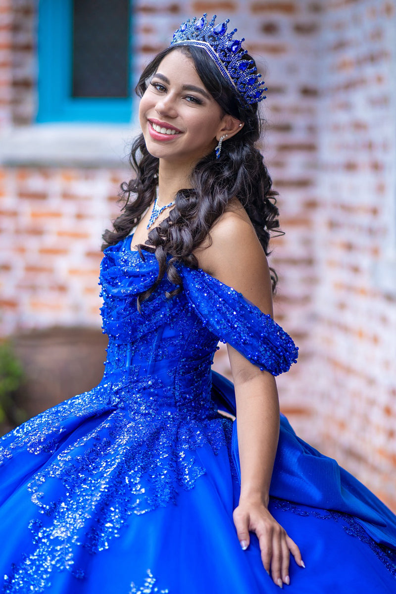 Load image into Gallery viewer, Sparkly Royal Blue Off The Shoulder Sequins Long Quinceanera Dress with Bow
