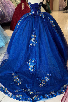 Sparkly Royal Blue Strapless Appliques Long Ball Gown with Beading