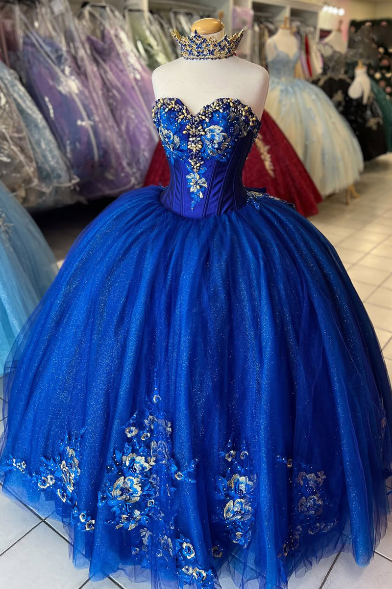 Load image into Gallery viewer, Sparkly Royal Blue Strapless Appliques Long Ball Gown with Beading