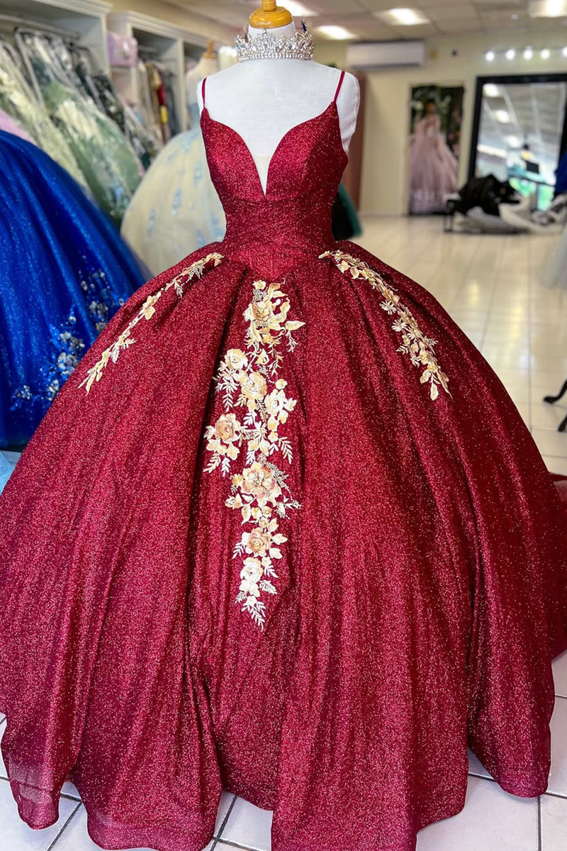 Load image into Gallery viewer, Sparkly Burgundy Spaghetti Straps V Neck Long Quinceanera Dress with Appliques